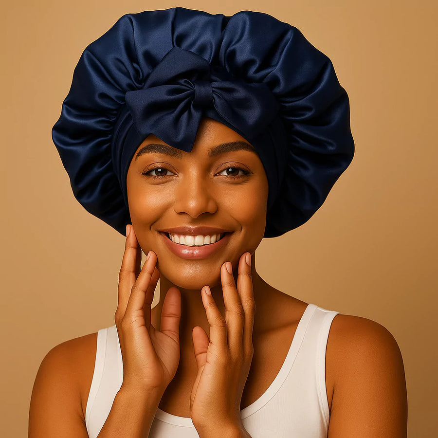 Femme souriante portant un bonnet en soie bleu marine avec un nĆud, fond beige uni
