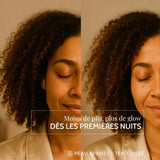Avant/après sur visage féminin : moins de plis, peau apaisée et teint lumineux après quelques nuits sur taie d’oreiller en soie