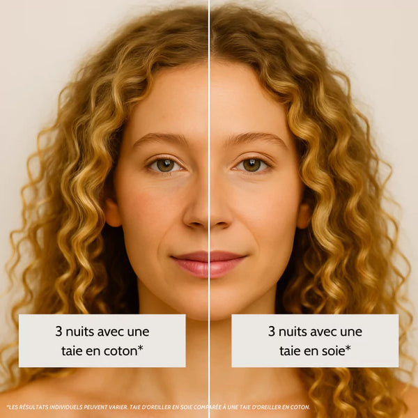 Comparaison avant/après : 3 nuits avec une taie en coton vs 3 nuits avec la taie en soie SilkDream™ — teint plus lisse et peau apaisée.