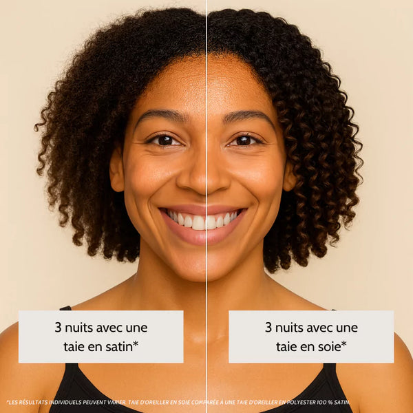 Comparatif avant-après : 3 nuits avec une taie en satin vs 3 nuits avec une taie en soie SilkDream™ — cheveux bouclés plus définis, moins secs et mieux hydratés.