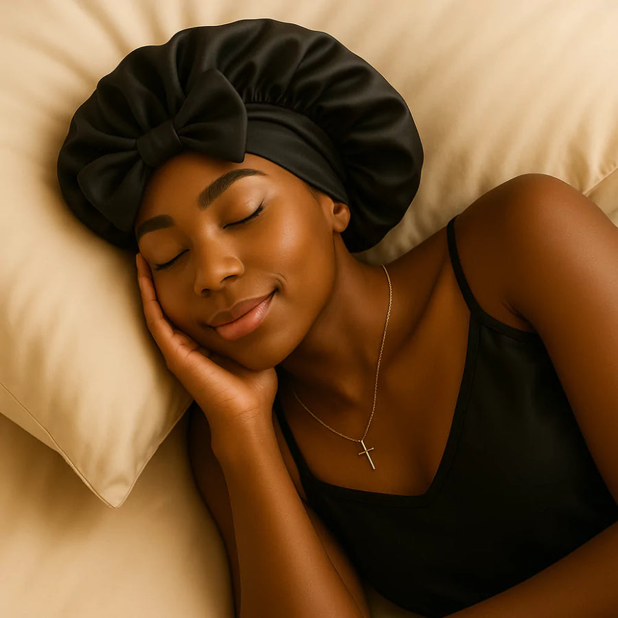 Femme endormie paisiblement avec un bonnet en soie noir SilkDream™, allongée sur un oreiller beige, illustrant le confort et la tenue parfaite du bonnet pendant toute la nuit.