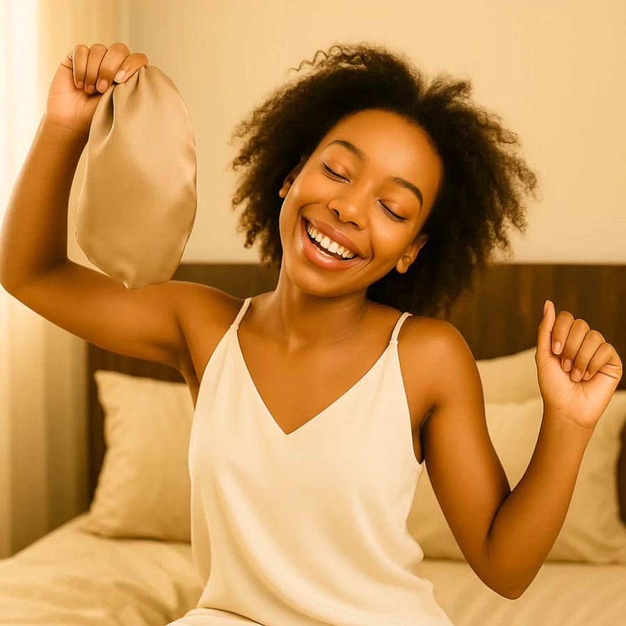 Femme souriante au réveil, cheveux crépus lâchés, tenant fièrement son bonnet en soie SilkDream™ dans la main, après une nuit de protection capillaire réussie.
