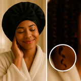 Femme en peignoir portant un bonnet noir en soie SilkDream™, visiblement détendue. À droite, un zoom sur une boucle bien définie, brillante et rebondie au réveil, preuve de la protection nocturne.