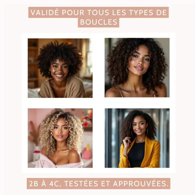 Mosaïque de 4 femmes aux cheveux bouclés, frisés et crépus, légende “validé pour tous les types de boucles”