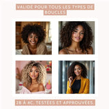 Mosaïque de 4 femmes aux cheveux bouclés, frisés et crépus, légende “validé pour tous les types de boucles”