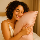 Femme souriante aux cheveux bouclés serrant une taie d’oreiller en soie rose, ambiance du matin et douceur visible sur la peau.