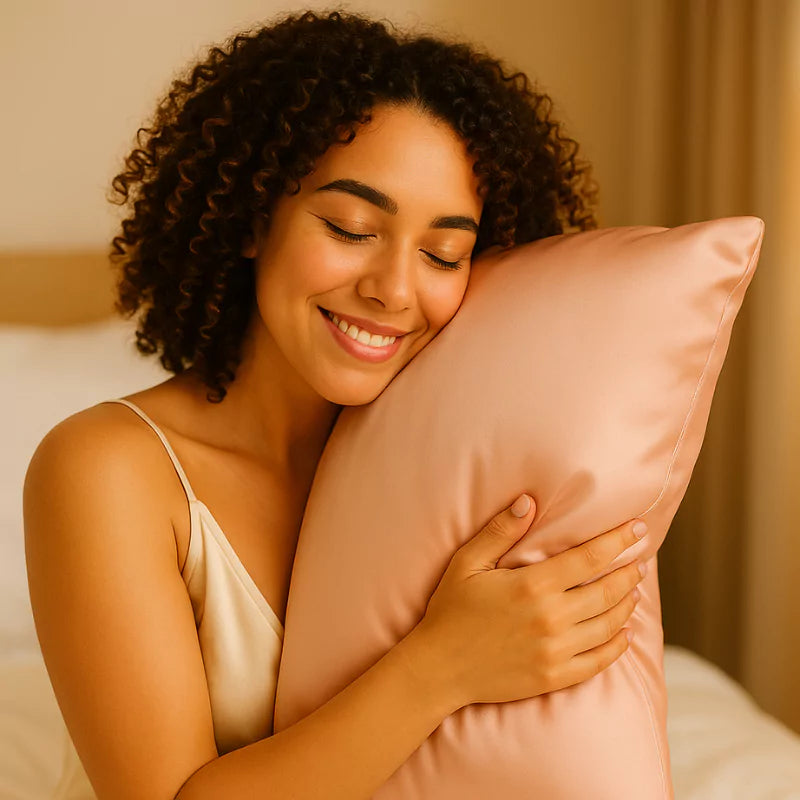Femme souriante aux cheveux bouclés serrant une taie d’oreiller en soie rose, ambiance du matin et douceur visible sur la peau.