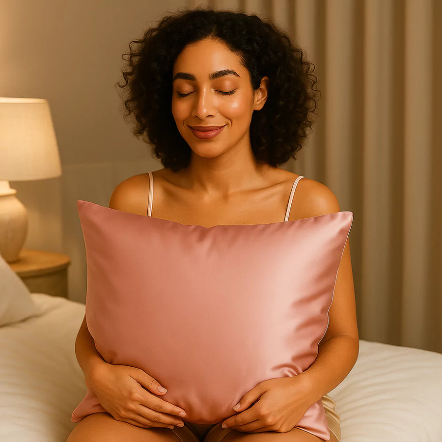 Taie en soie rose poudré avec femme souriante – effet visible sur le sommeil et les boucles