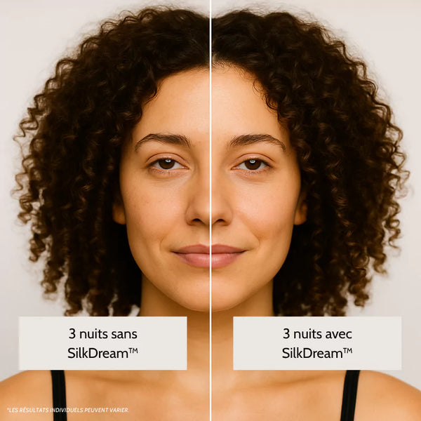 Avant/après 3 nuits avec la taie en soie SilkDream™ : peau plus lisse, traits reposés et teint éclatant sans effort.