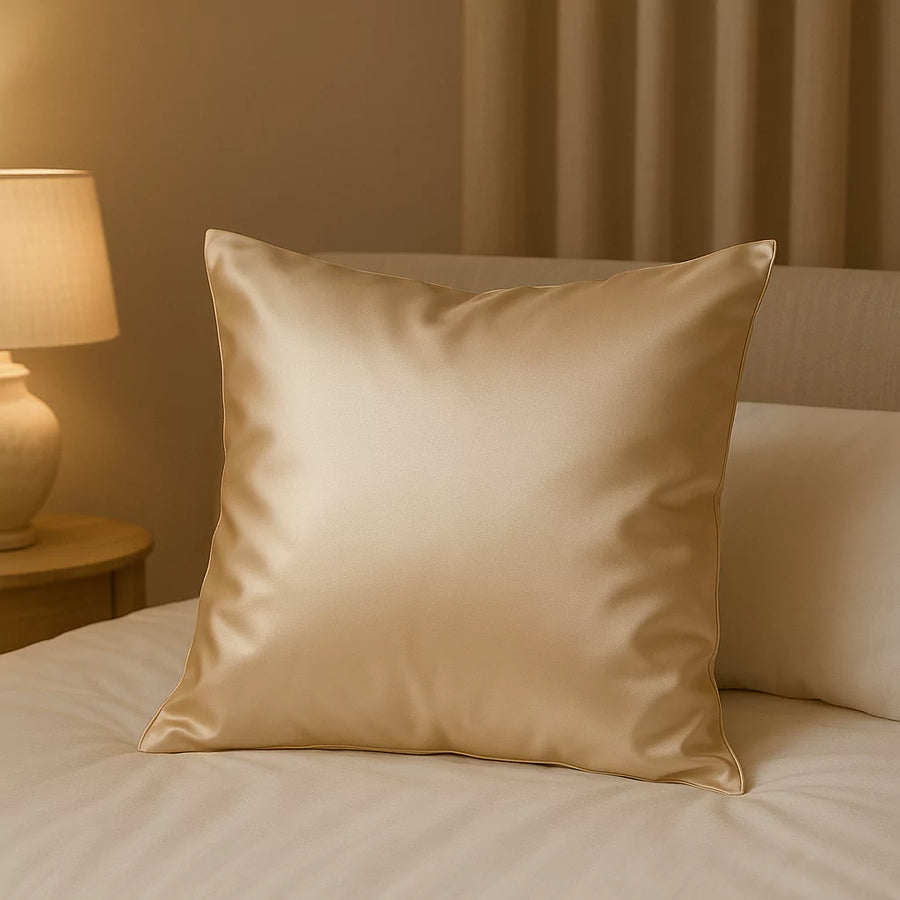 Taie d’oreiller carrée en soie dorée posée sur un lit, lumière de chevet tamisée – ambiance soir